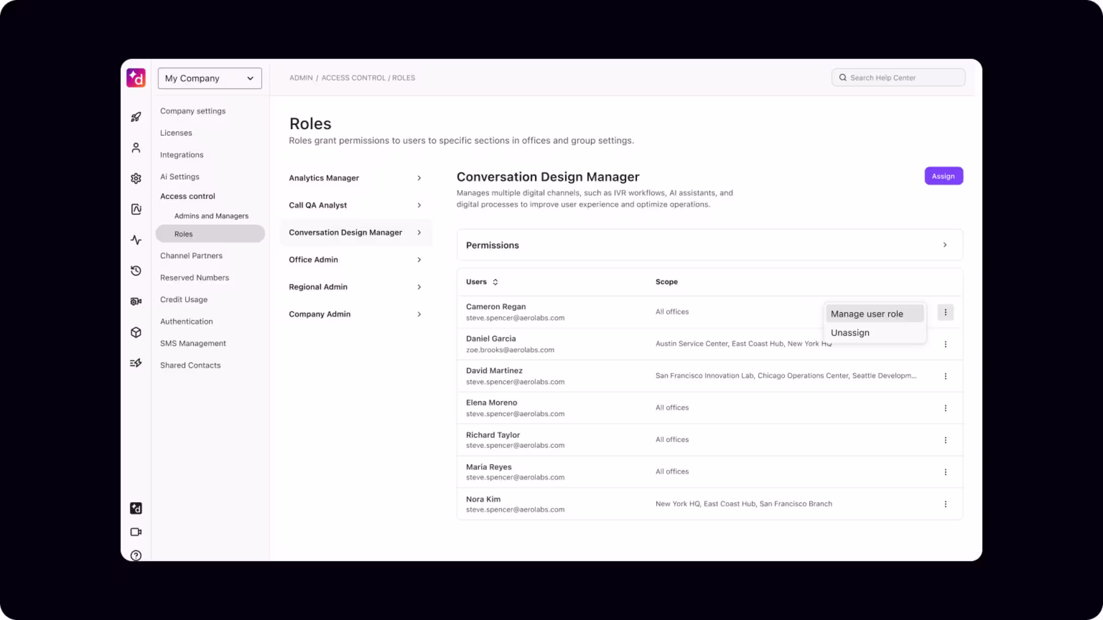 Dialpad Admin Access Control Roles page showing predefined role options alongside details for the Conversation Design Manager role, including assigned users and scope permissions.
