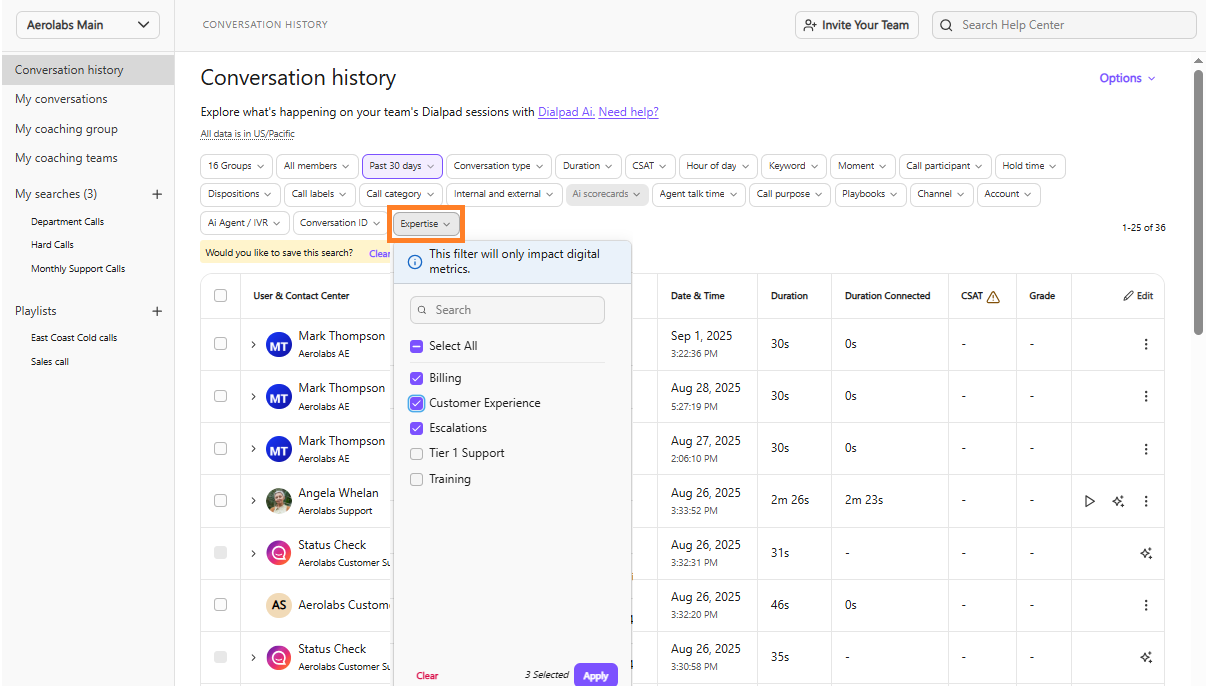 Dialpad Conversation history page featuring an orange box highlighting the "Expertise" filter dropdown menu with skill selection options like Billing, Customer Experience, and Escalations.