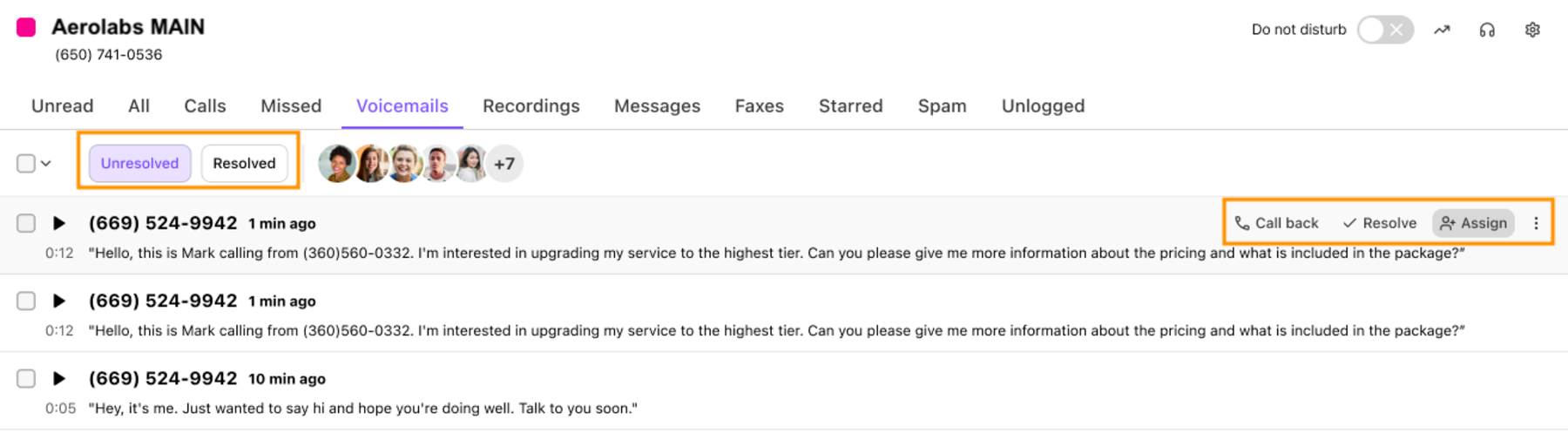 Dialpad Voicemails inbox view highlighting Unresolved and Resolved status filters alongside action buttons for Call back, Resolve, and Assign on individual voicemail entries.
