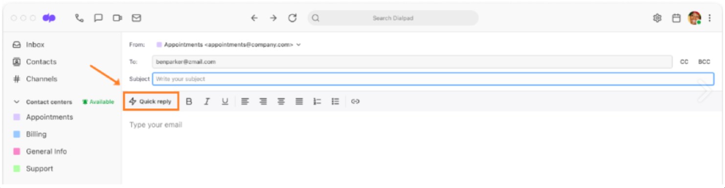 Dialpad email draft composer interface displaying an orange arrow highlighting a "Quick reply" lightning bolt button located on the rich text formatting toolbar.