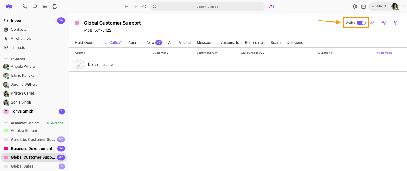 Dialpad shared line view featuring an orange arrow pointing to a toggled-on "Active" switch in the top right section for Global Customer Support.