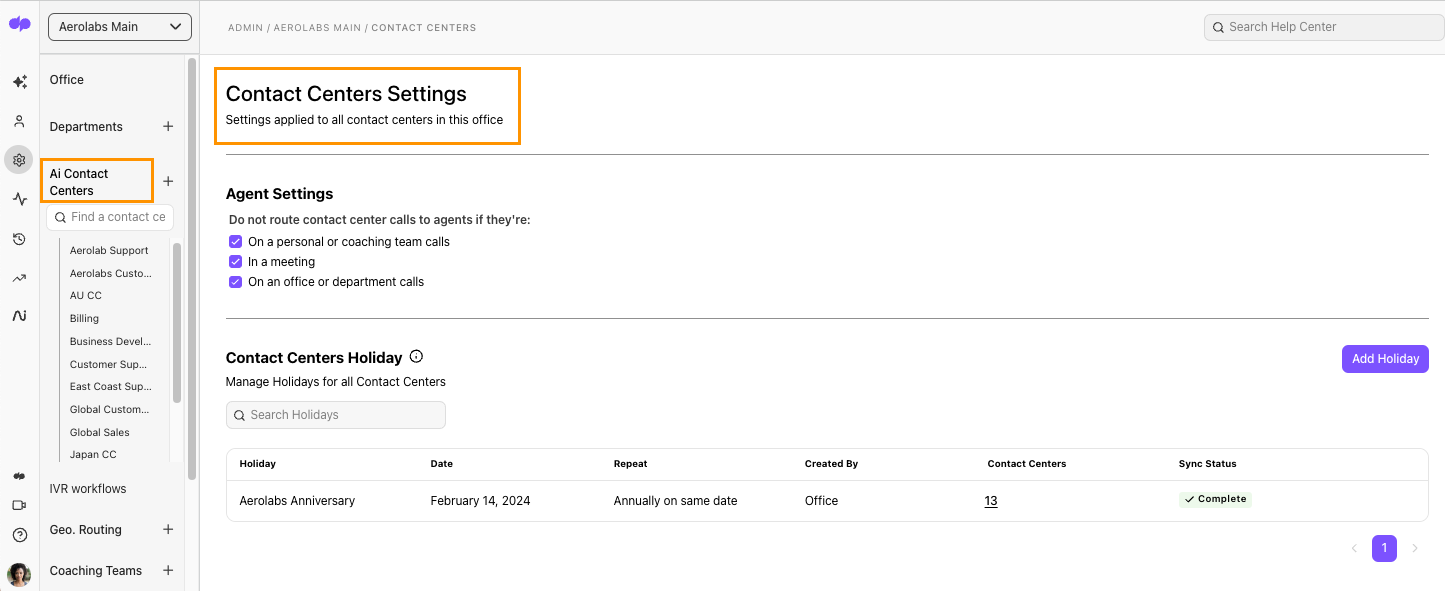 Dialpad "Contact Centers Settings" admin page highlighting the "Ai Contact Centers" navigation item and main page header, displaying office-wide Agent Settings and Contact Centers Holiday controls.