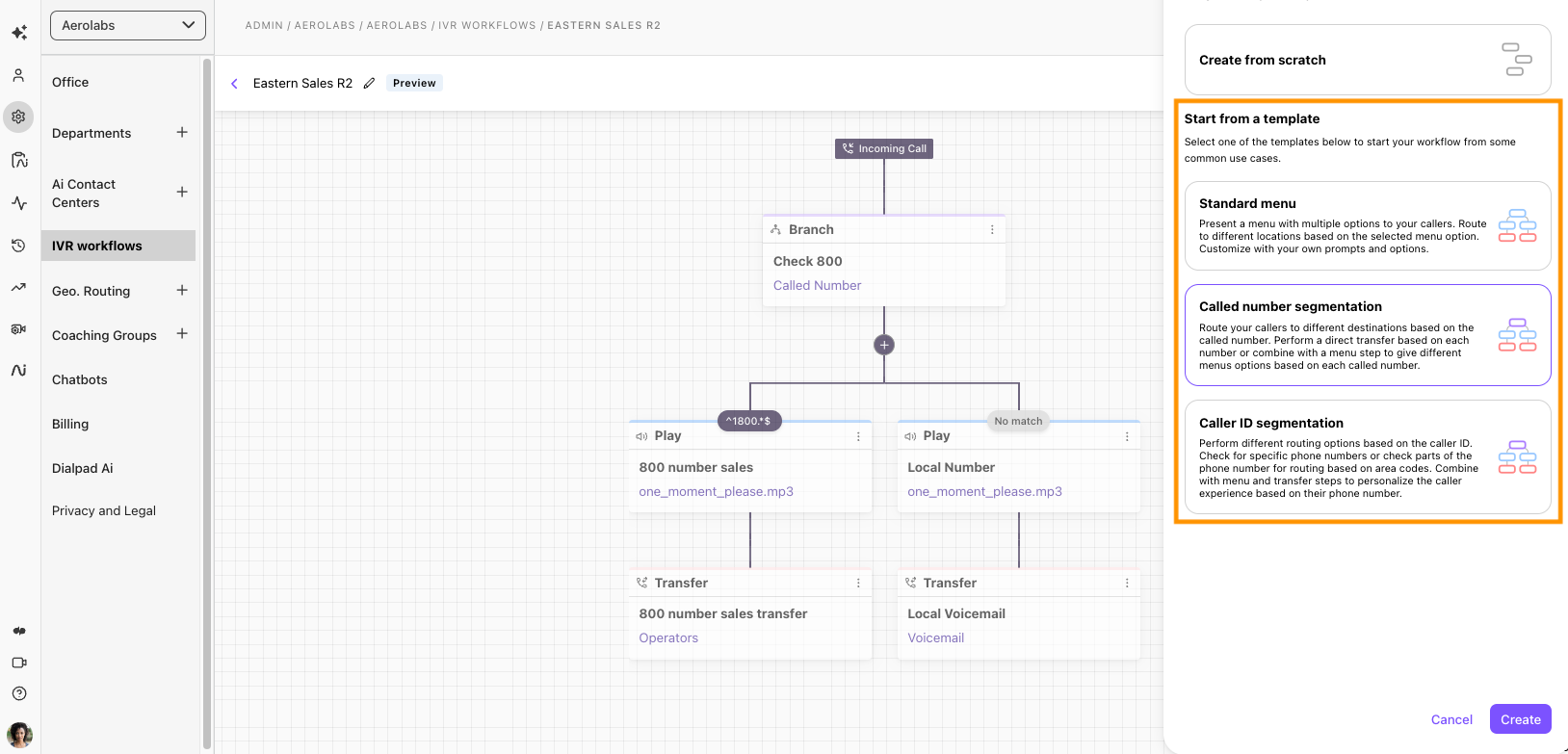 Dialpad IVR Workflows creation side panel highlighted in orange, featuring template options for "Standard menu", "Called number segmentation", and "Caller ID segmentation" alongside an active workflow canvas.