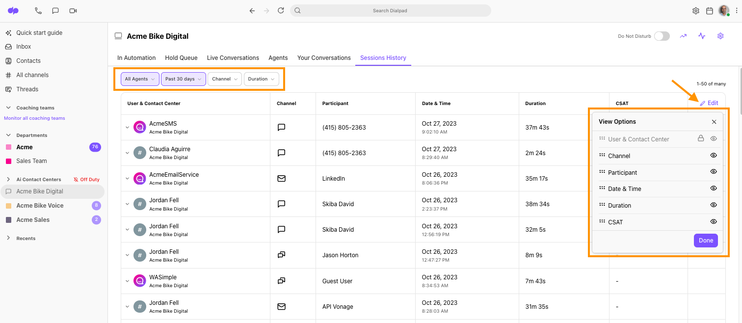 Dialpad Digital Experience Sessions History view with orange highlights around table filter dropdowns and an open "View Options" column customization menu.