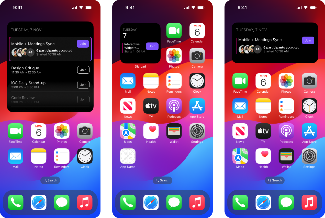 Three-screen iOS device view displaying the Dialpad Meetings widget on home screens in small, medium, and large layout formats.