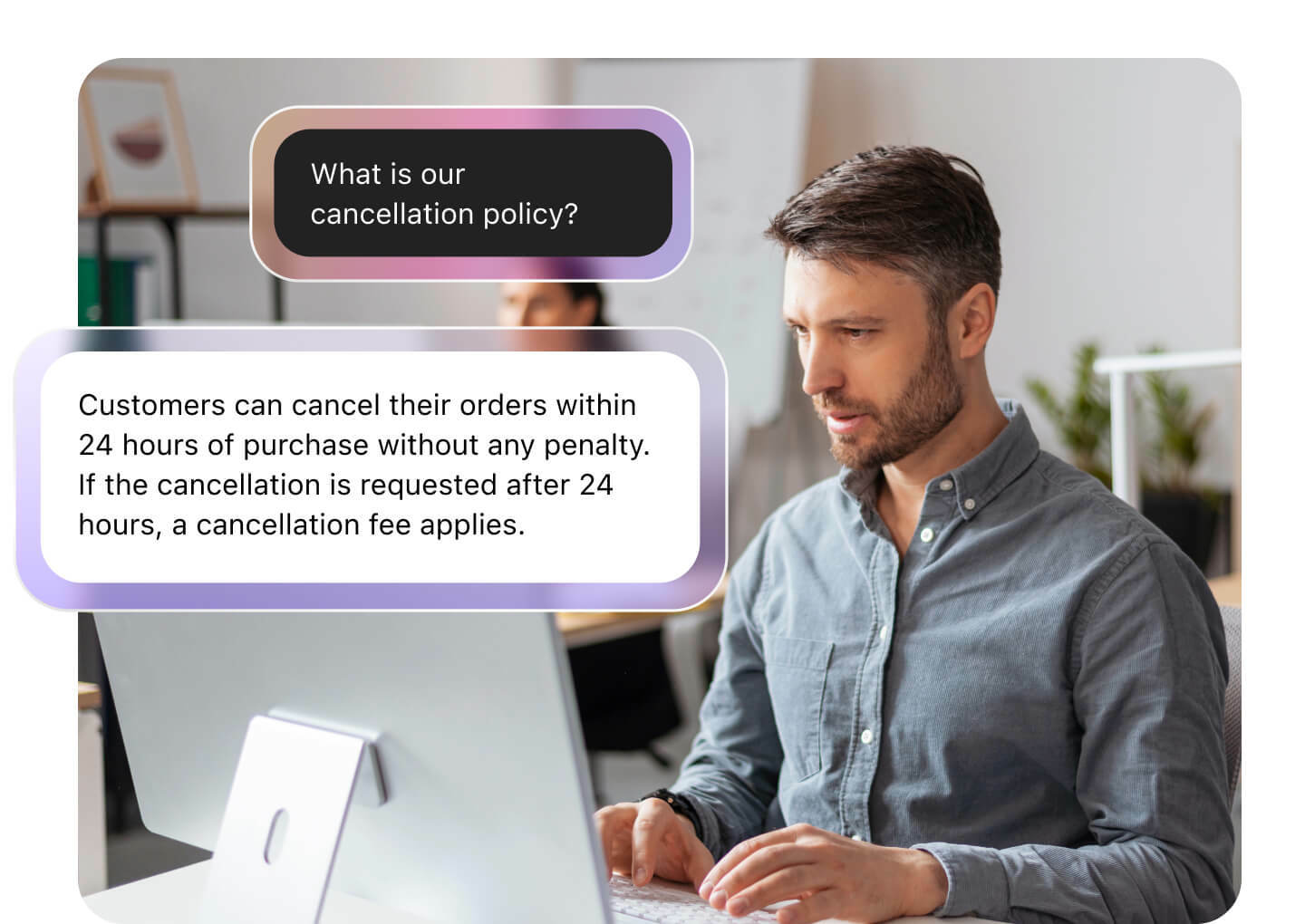 Dialpad Ai Agent Assist conversational interface graphics overlaid on a photo of a support representative, displaying a user query card for "What is our cancellation policy?" and an automated answer bubble with cancellation policy details.