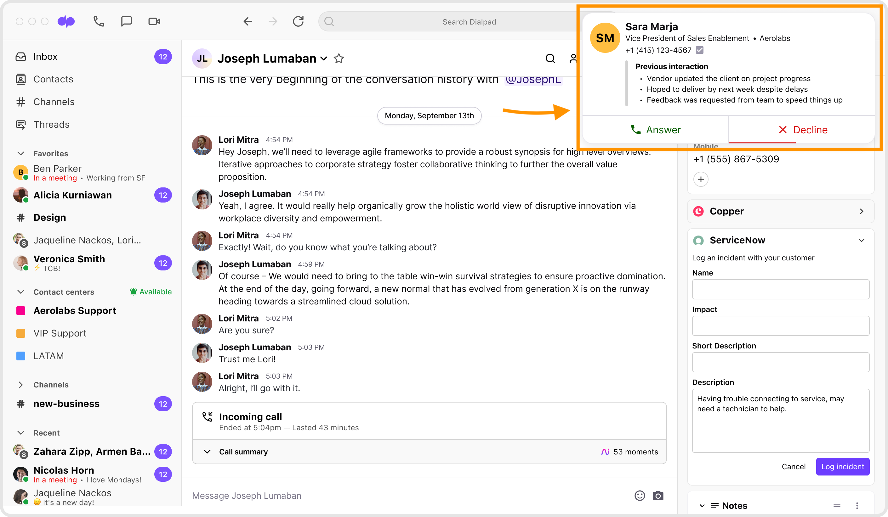 Dialpad active call notification pop-up highlighted in orange, showing Custom Customer Context notes and previous interaction summary bullets above Answer and Decline controls.