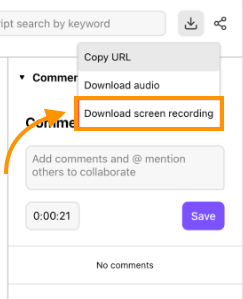 Dialpad meeting summary view displaying an orange arrow pointing to a highlighted "Download screen recording" option within the download dropdown menu.