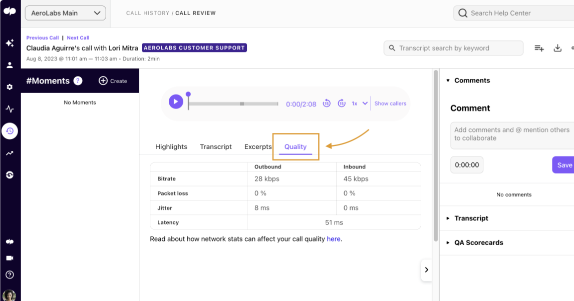 Dialpad Call Review interface featuring an orange arrow pointing to a highlighted "Quality" tab, displaying a network statistics table with Outbound and Inbound metrics for Bitrate, Packet loss, Jitter, and Latency.