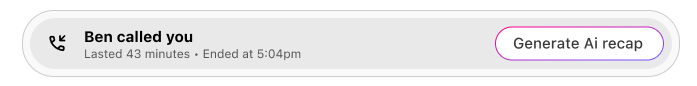 Dialpad call log card showing call details for a 43-minute call alongside a prominent purple-outlined "Generate Ai recap" button.