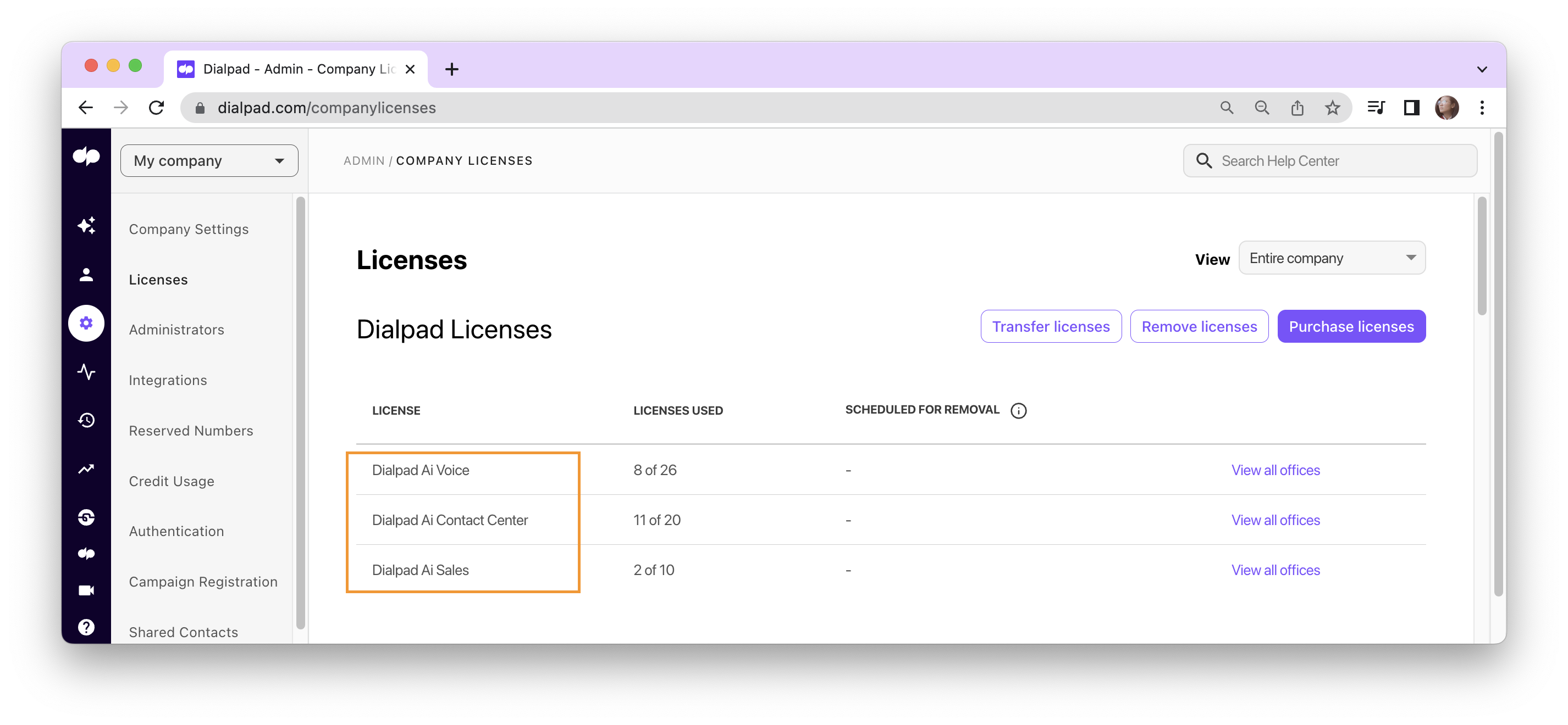 Dialpad Admin Company Licenses portal page highlighting an orange box around updated product SKU names, including Dialpad Ai Voice, Dialpad Ai Contact Center, and Dialpad Ai Sales.