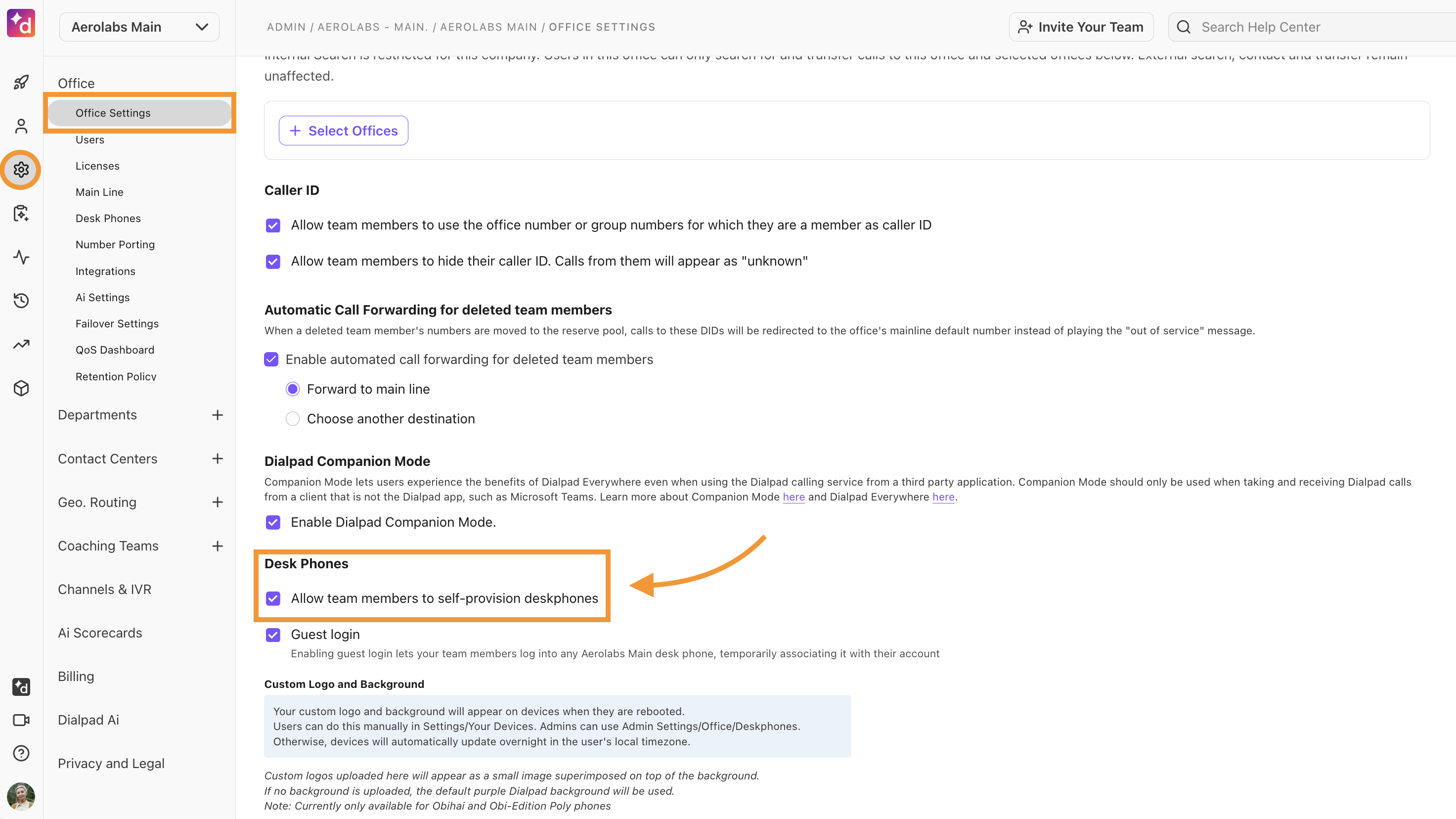 The Office Settings view, showing the option to enable users to self-provision a desk phone.