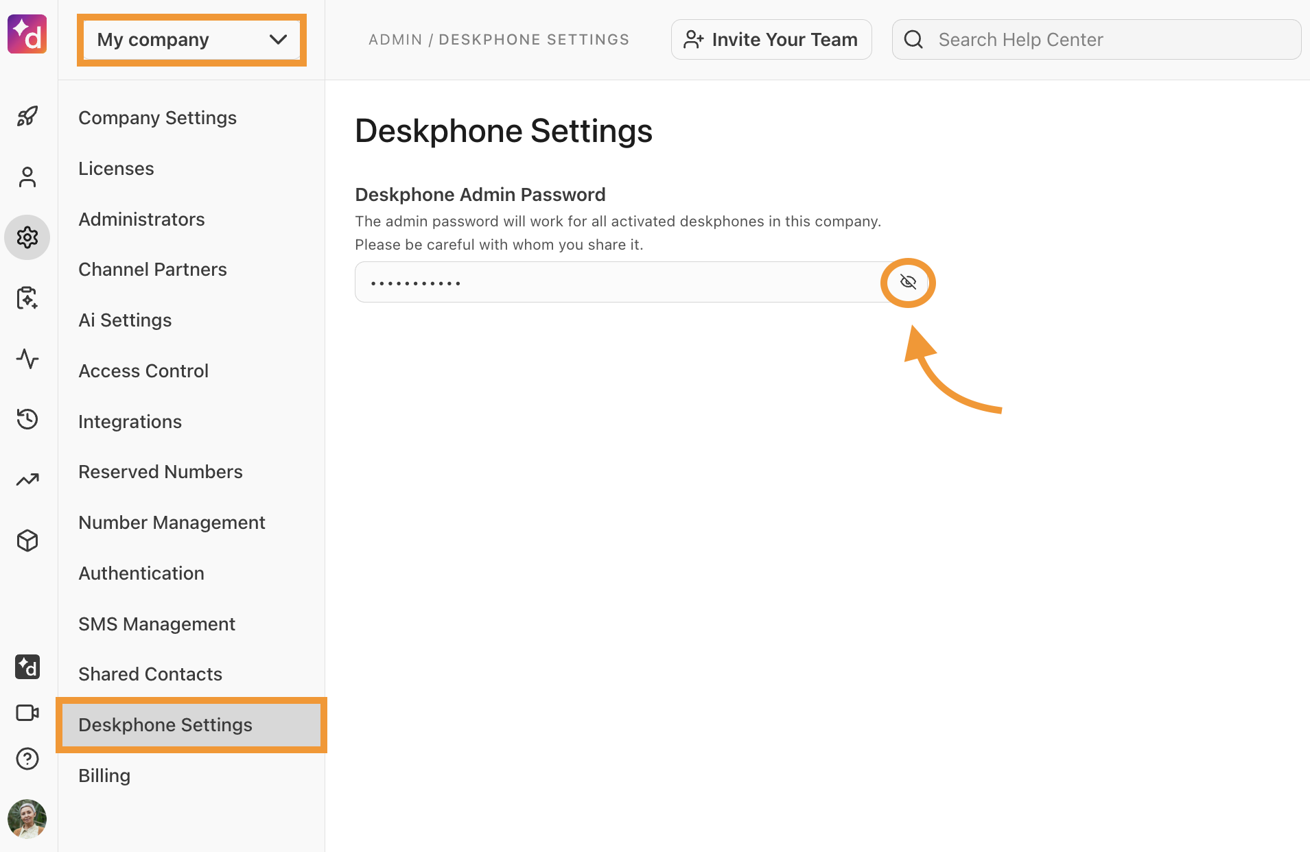 The Deskphone Settings view, highlighting the crossed-out eye symbol to reveal the Deskphone Admin Password.