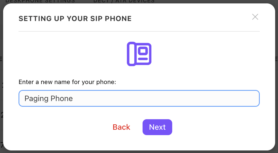 Display window showing fields to enter information for a room phone using SIP credentials.