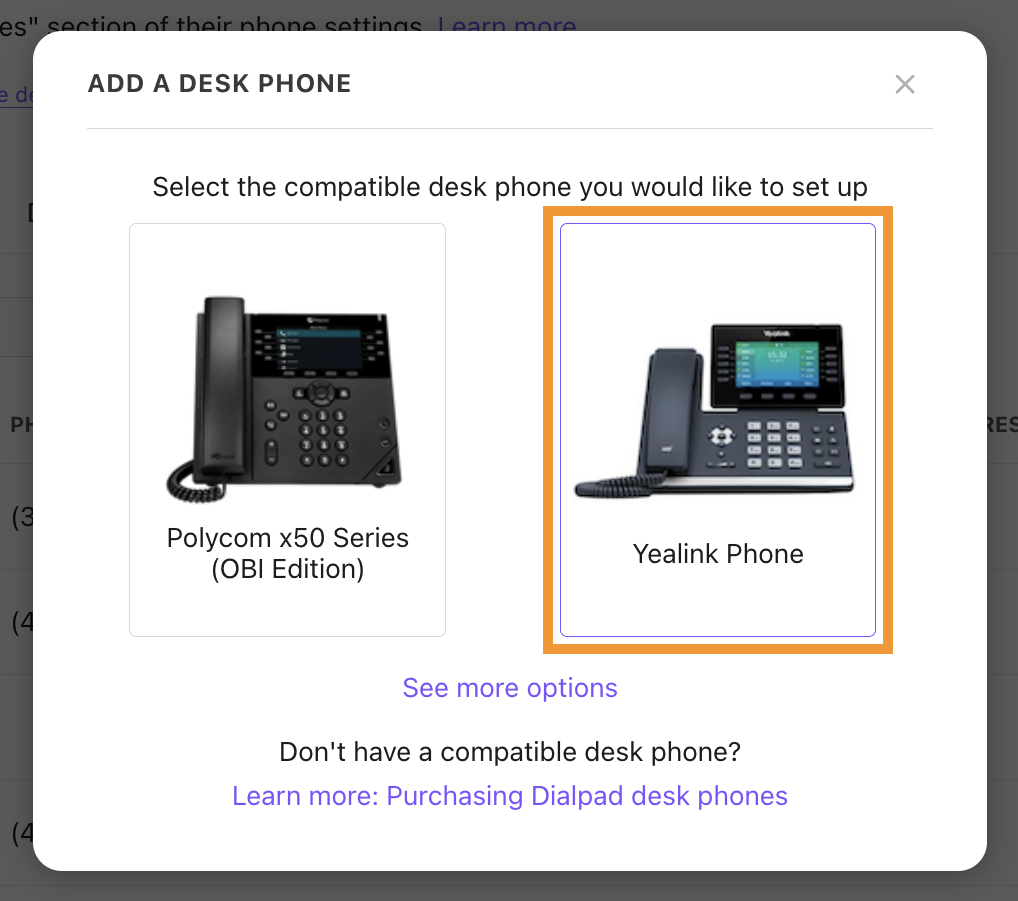 Pop-up screen showing the options to add a desk phone. The Yealink phone option is highlighted.