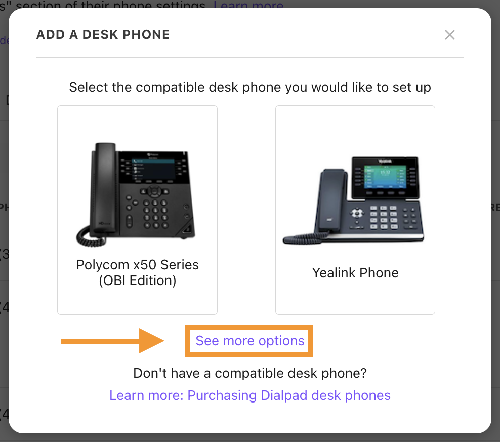 Pop-up screen for choosing a phone type. The More Options link is highlighted.