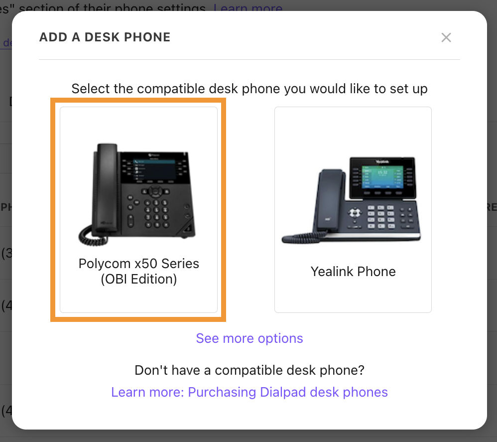 Pop-up screen showing different phone options. The Poly Obi x50 option is highlighted.