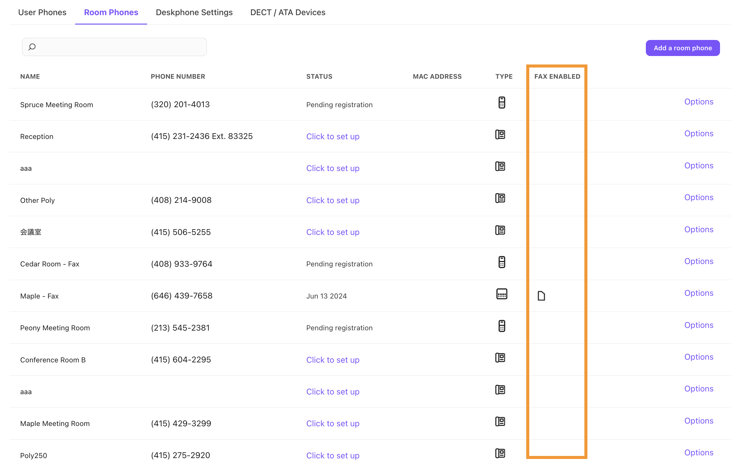 List of room phones. Room phones with fax enabled on them show a fax icon in the Fax Enabled column.