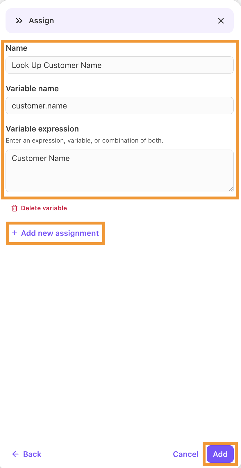 Details for an Assign step in a workflow.