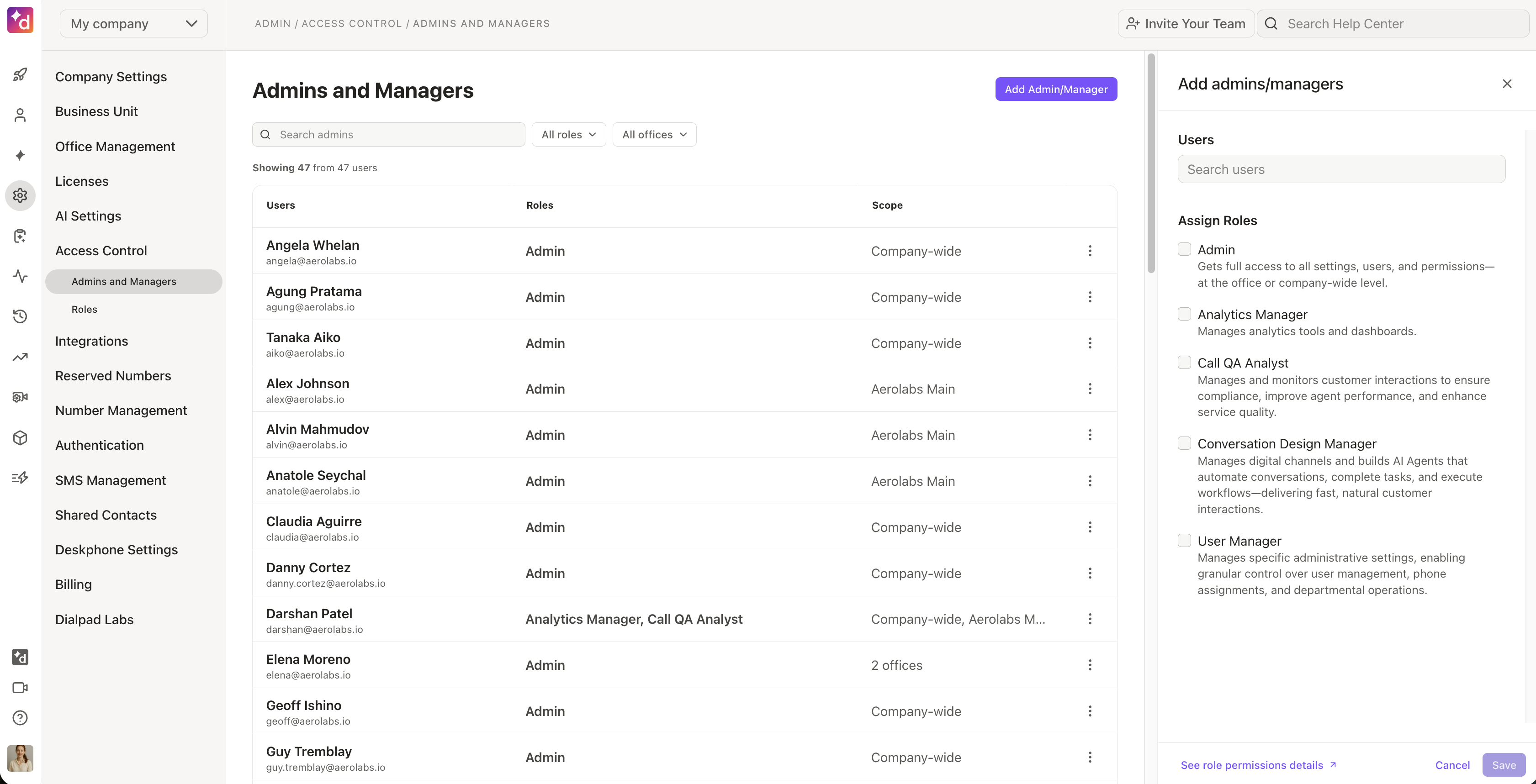 List of admins and managers with roles and scopes in a management interface.