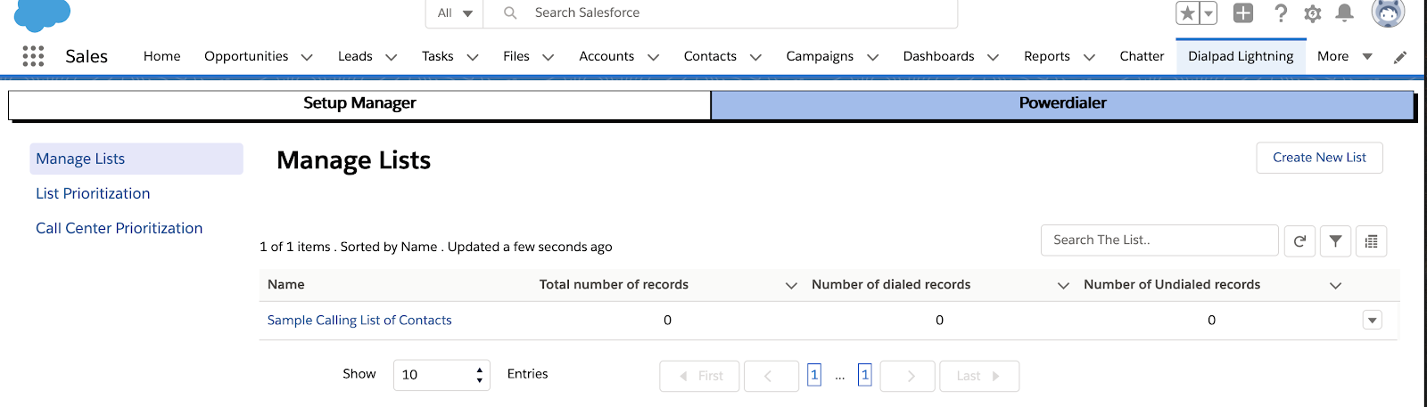 View of the Manage List screen