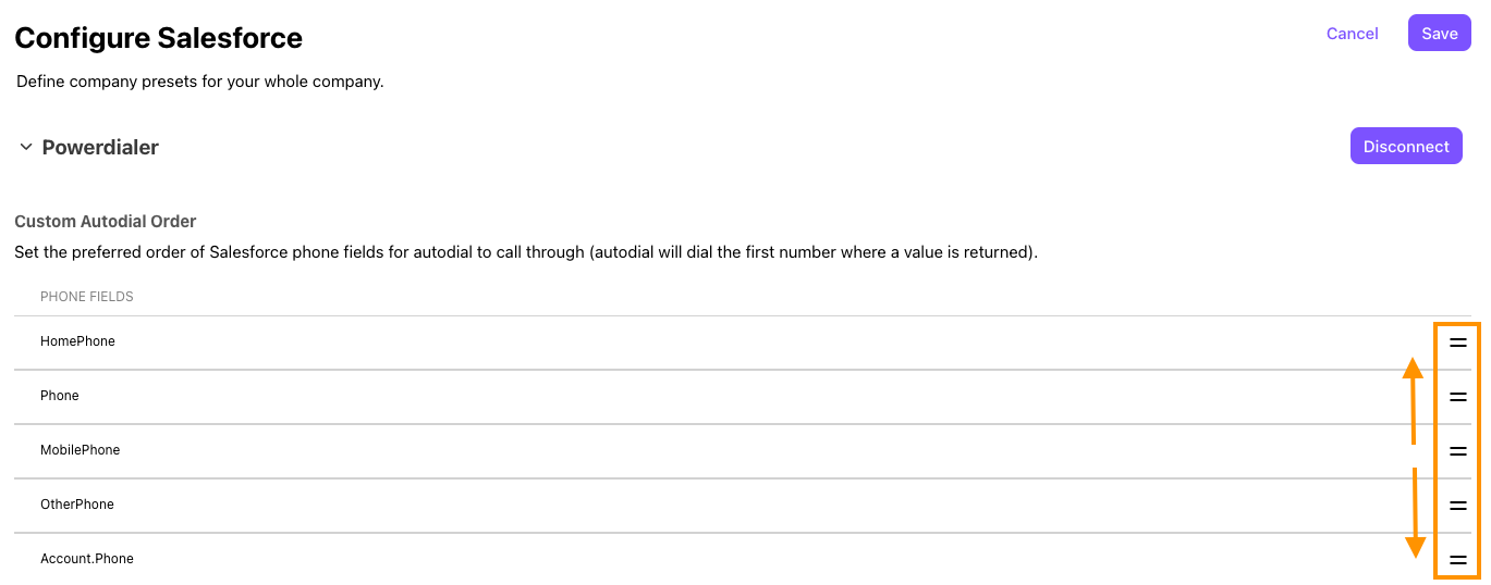List of powerdialer fields