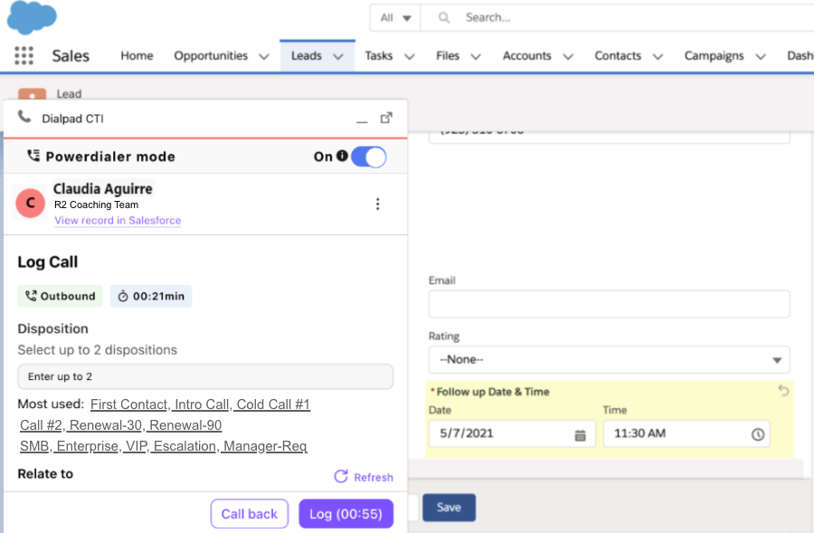 Powerdialer call view details