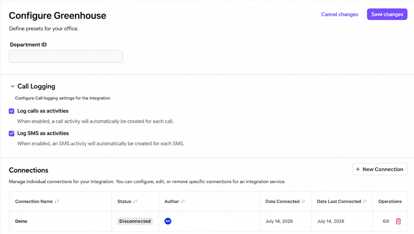 Screenshot of the Configure Greenhouse page showing Enablement settings (call and SMS activity logging) and the Connections section with a table and a New Connection button