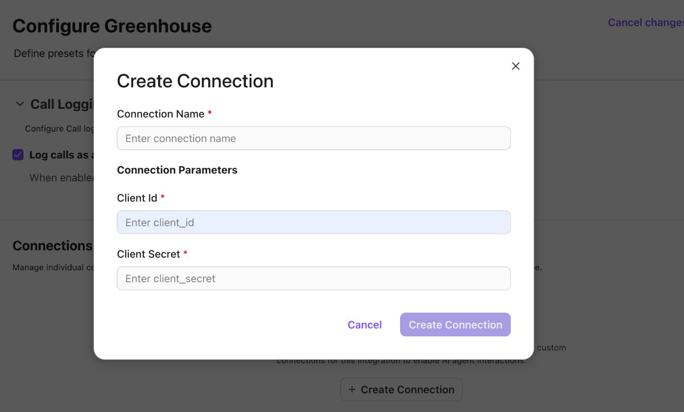 Screenshot of a web application settings page with a centered modal titled Create Connection showing input fields labeled Connection Name, Client Id, and Client Secret.