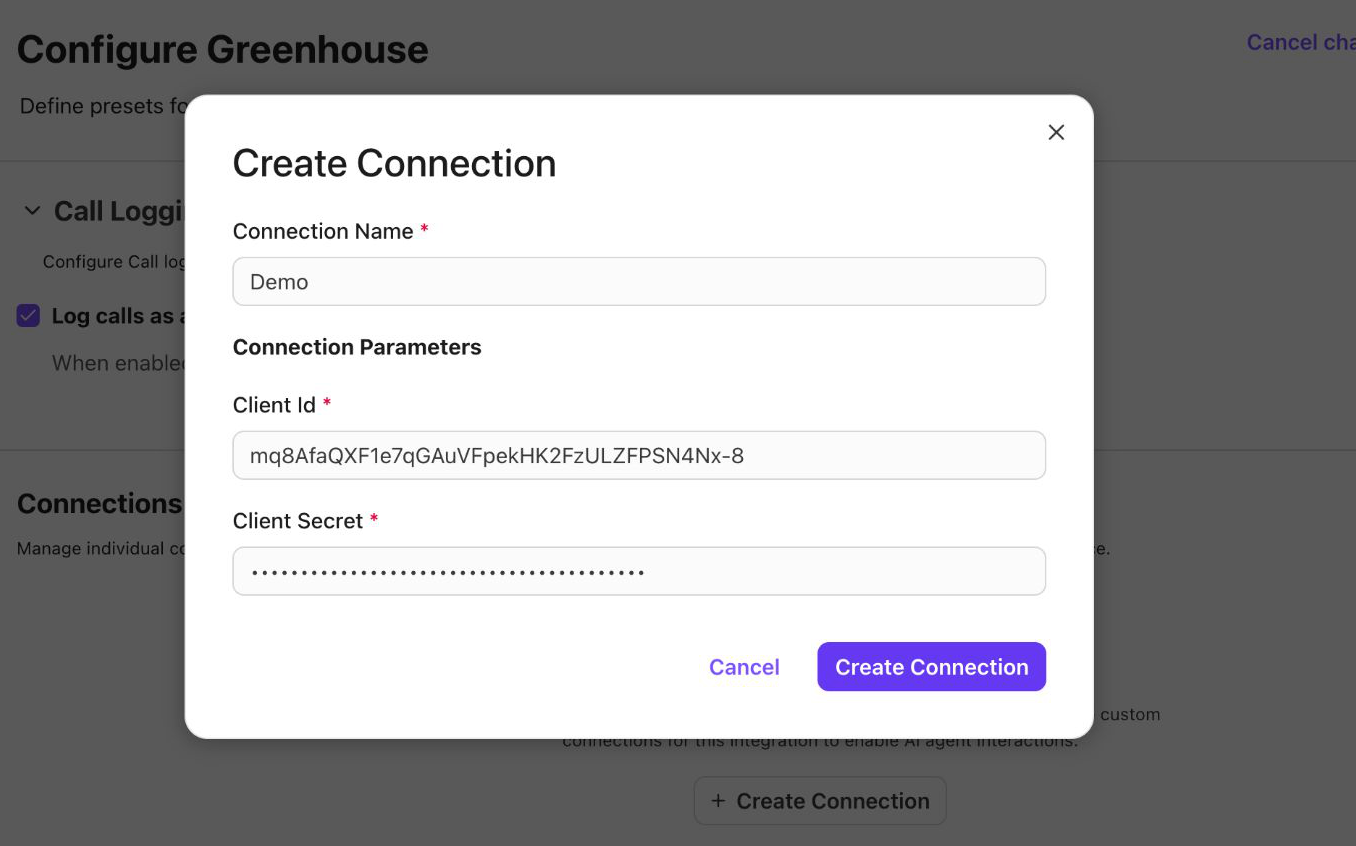 Modal dialog titled Create Connection showing form fields labeled Connection Name with value Demo, a Connection Parameters section with Client Id value visible and a masked Client Secret field; action buttons Cancel and Create Connection are shown in the modal.