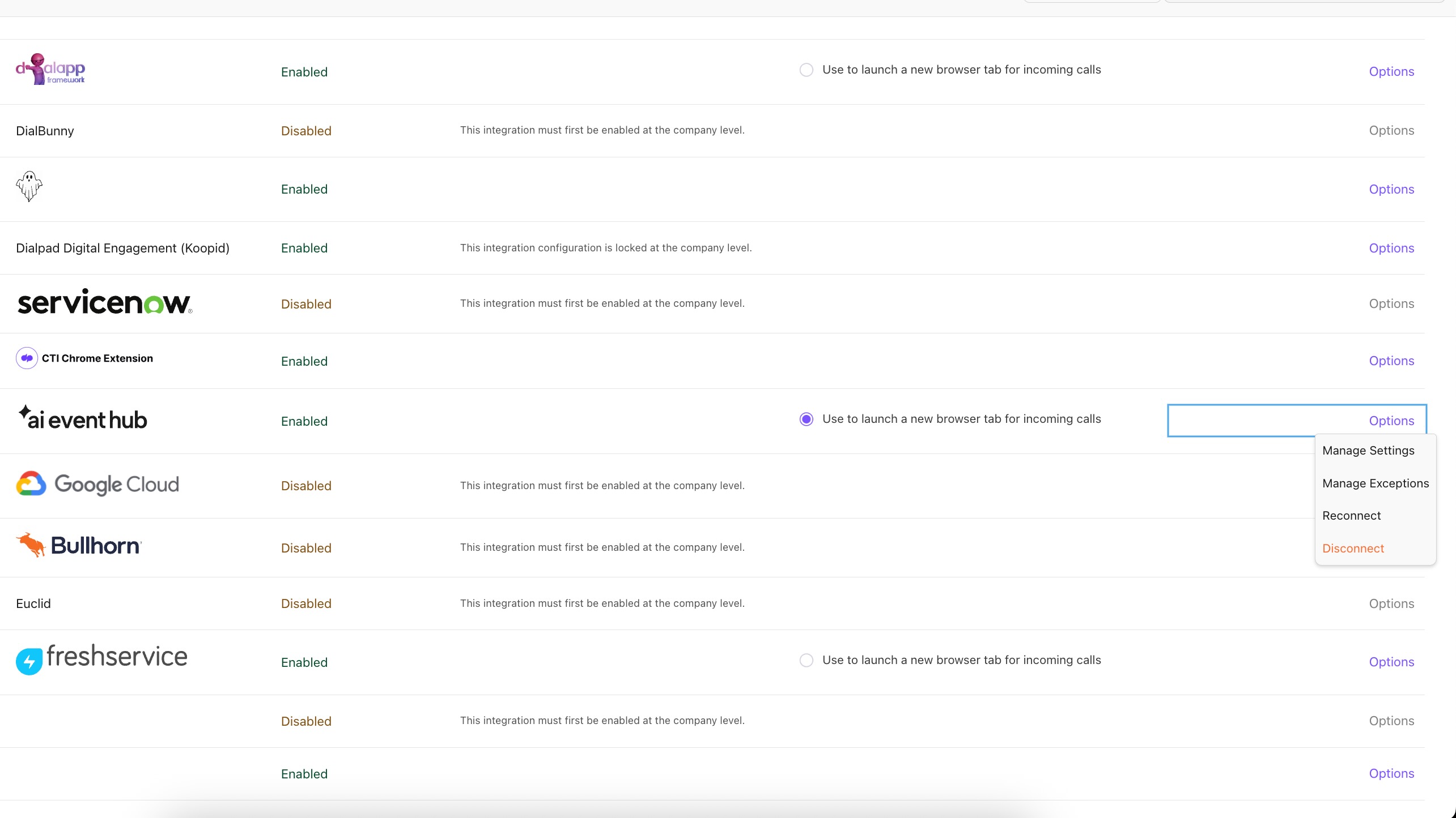 List of integrations with their status and options for managing settings.
