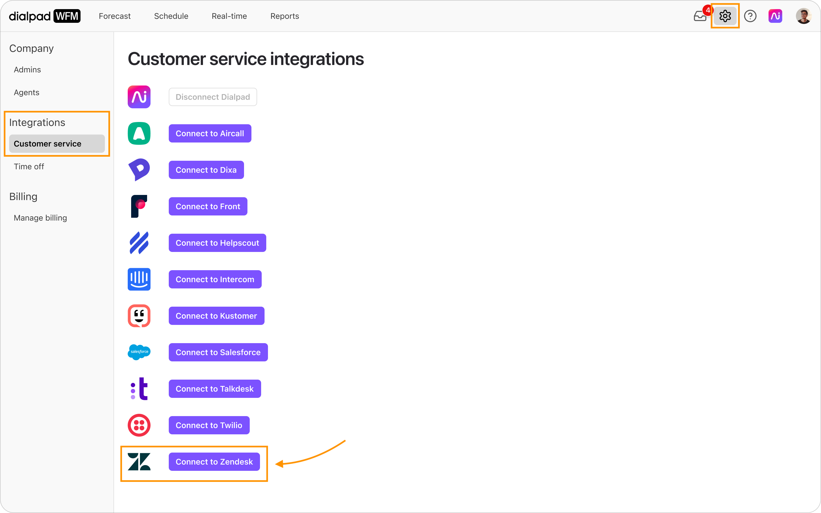Option to connect Zendesk with Dialpad WFM