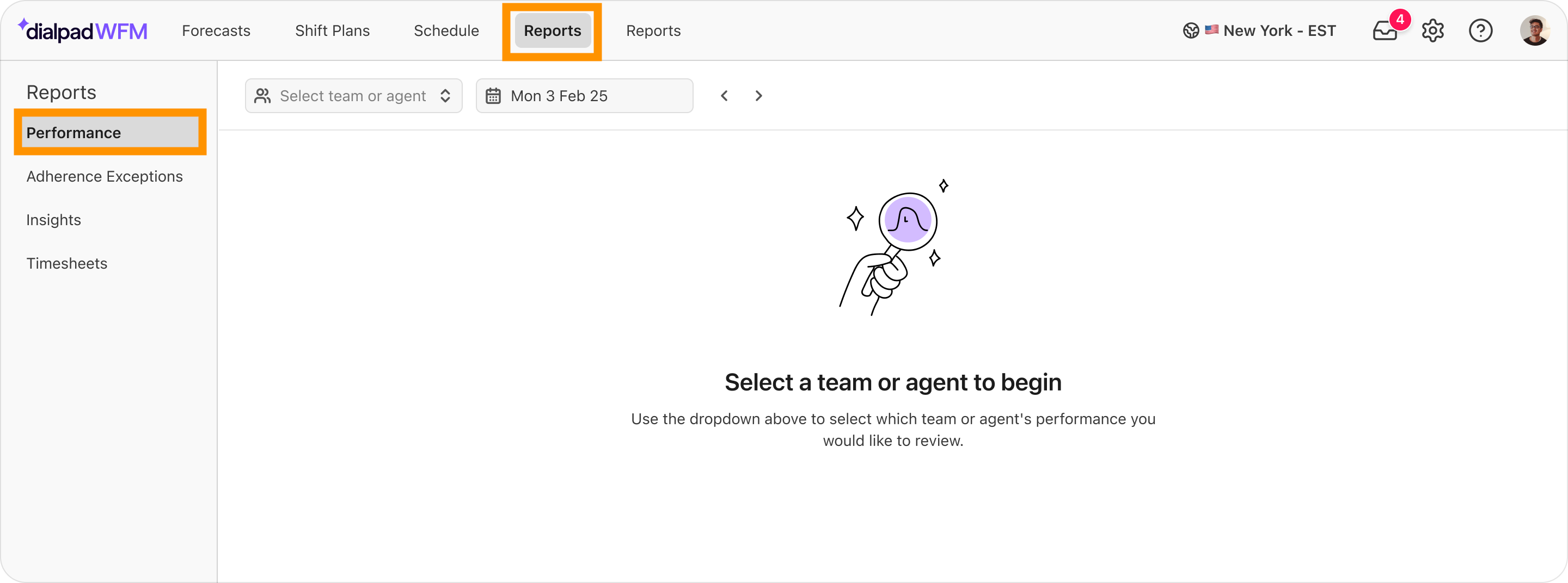 Select Reports then Performance to access the report