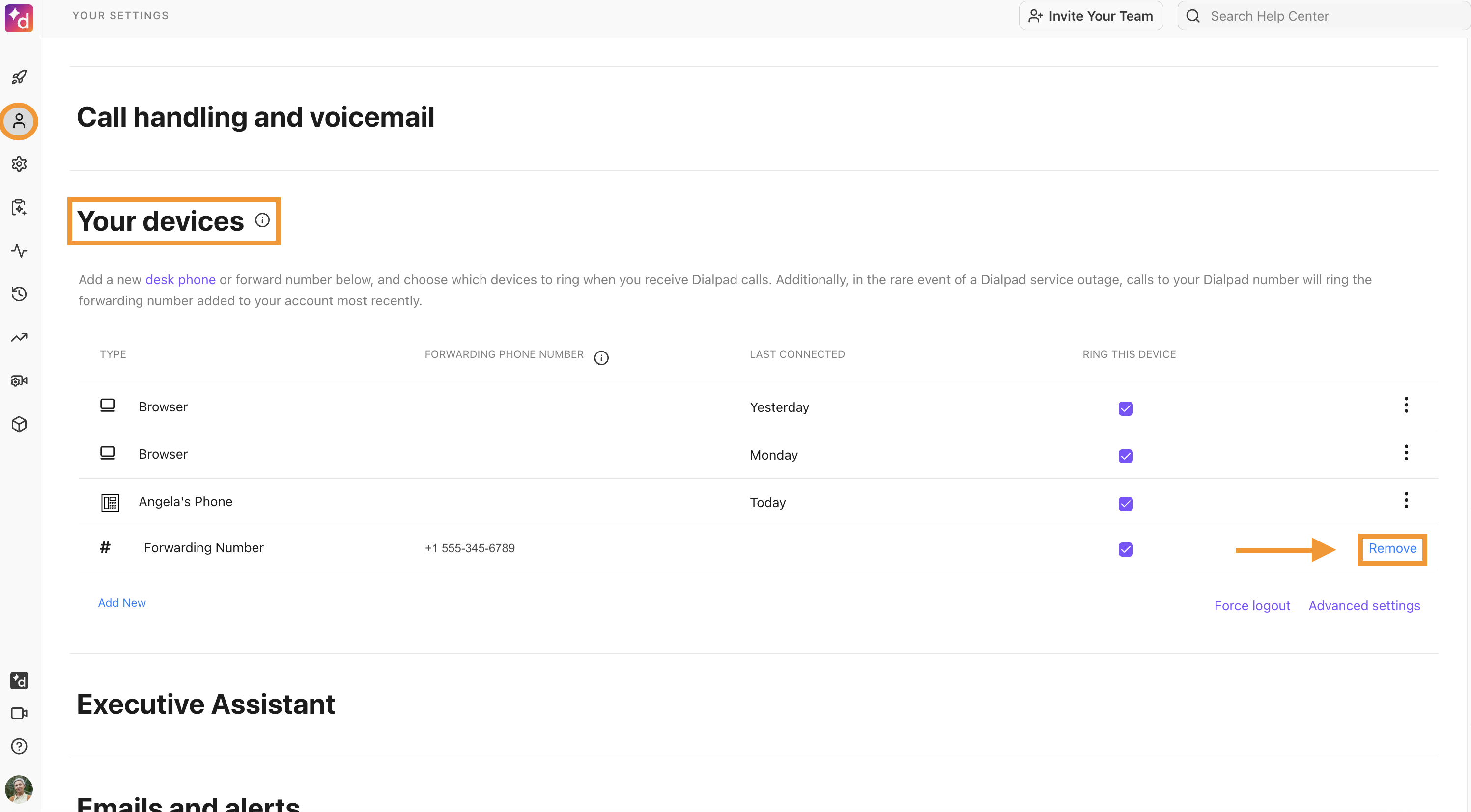 The Your Settings page shows the Your Devices section. The option to remove a forwarding number is highlighted.