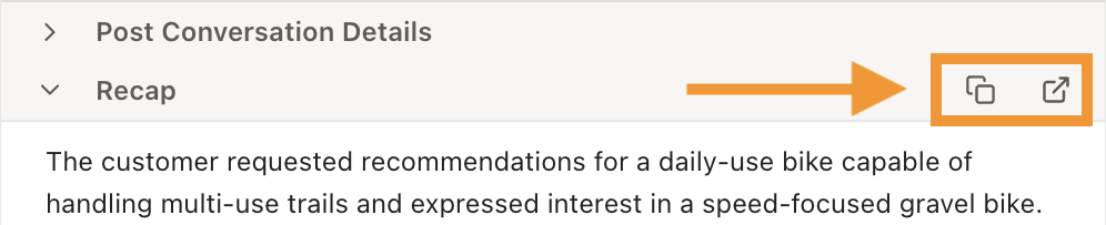 Actions menu for an AI Recap showing options to copy the recap or open the conversation summary.