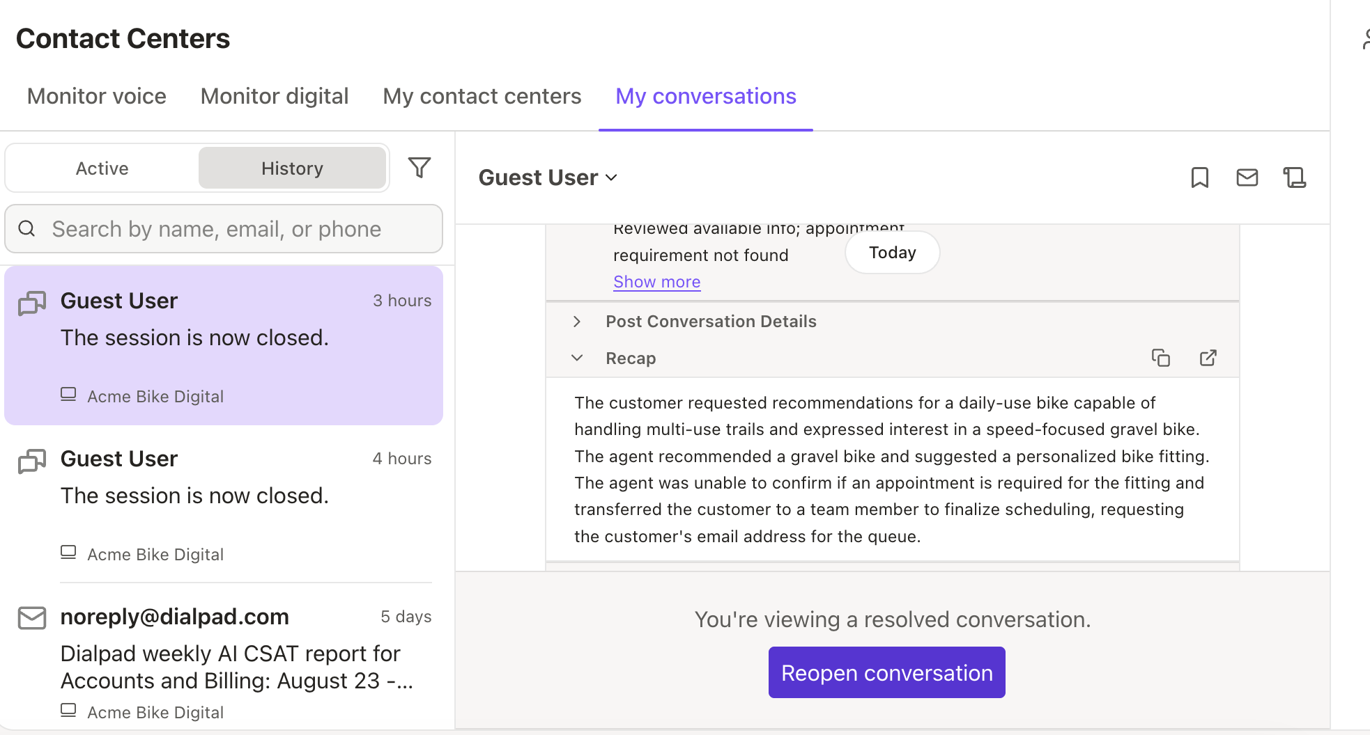 Conversation History showing an expanded AI Recap for a digital conversation, with recap segments visible.