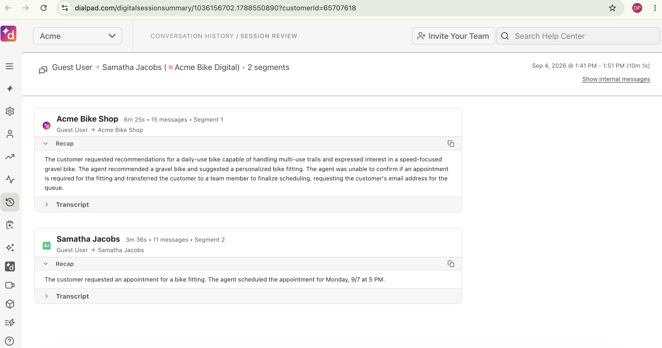 Conversation Summary view showing an AI Recap with collapsible segments for a digital conversation.