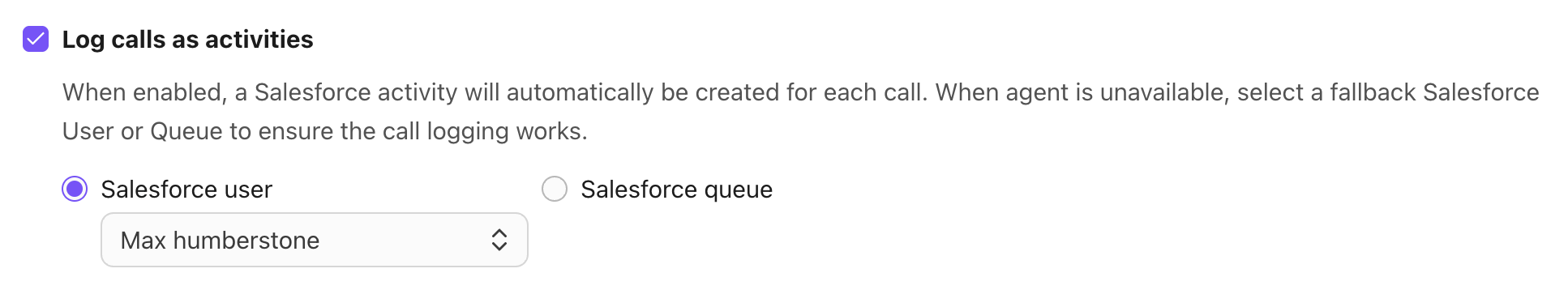 Option to log calls as activities from salesforce.