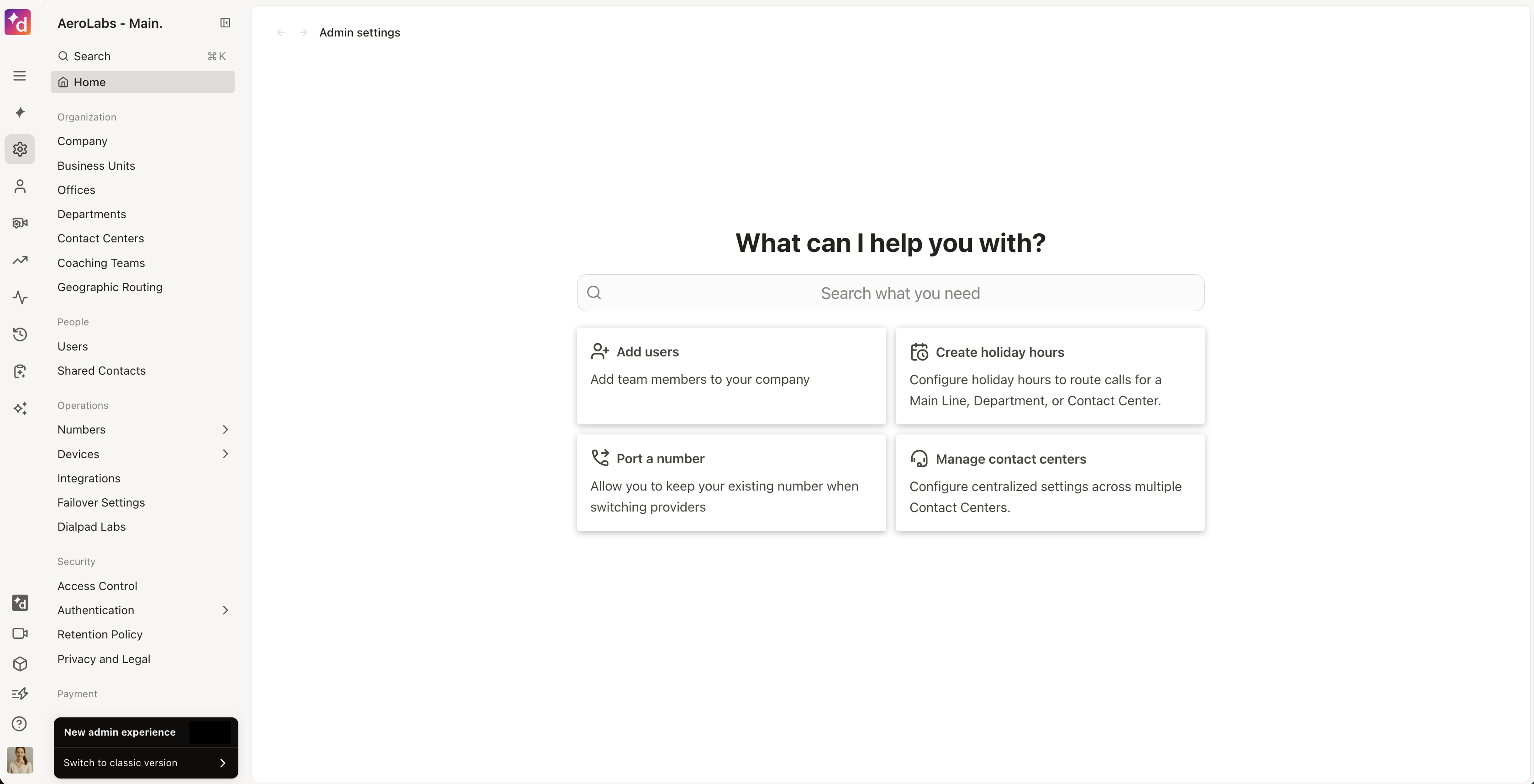 Admin Home showing the Admin Search field and shortcuts to common administrative tasks.