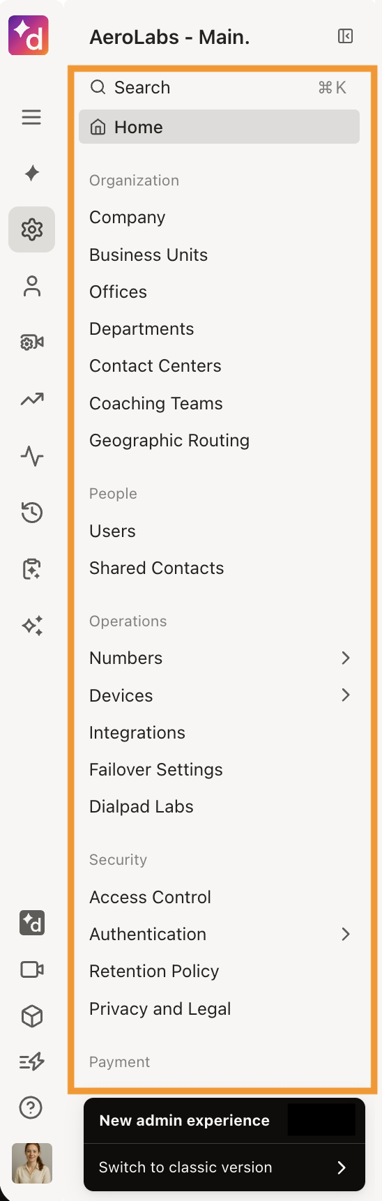 Expanded Admin sidebar showing task-oriented sections including People, Operations, and Security.