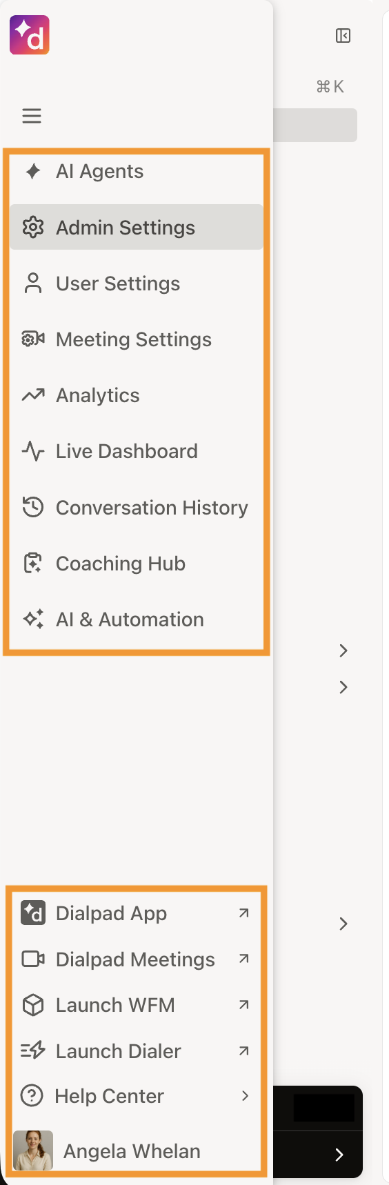 Dialpad outer navigation with Admin selected and the task-oriented Admin sidebar expanded.