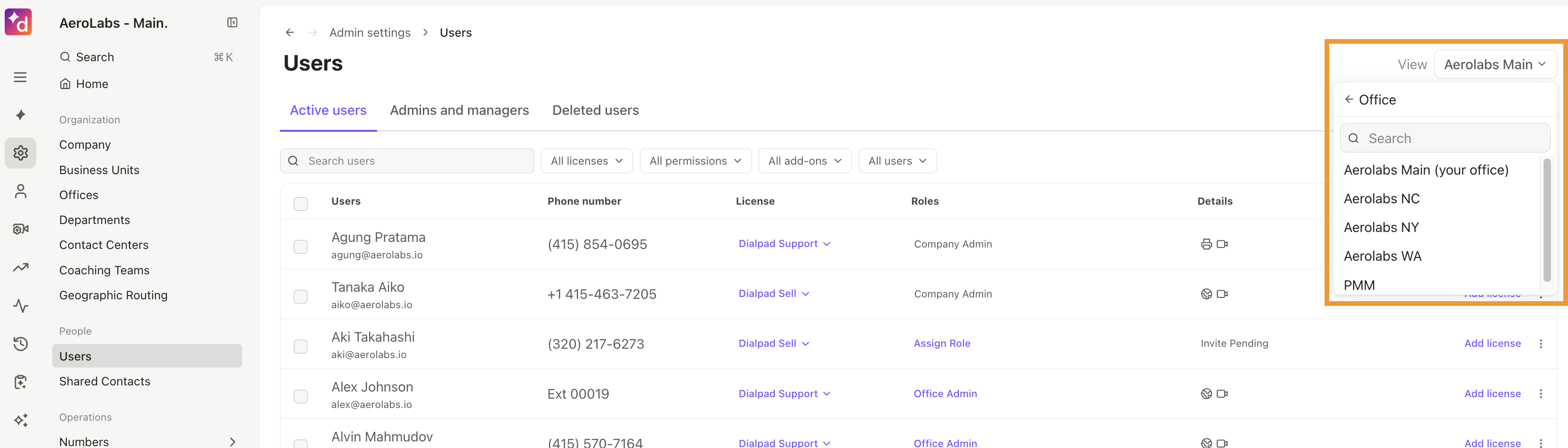 Settings page showing the current office scope in the scope selector.
