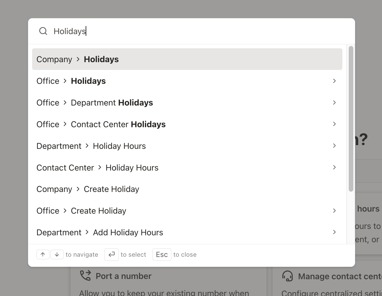 Admin Search showing results for a setting and the destination details available for selection.