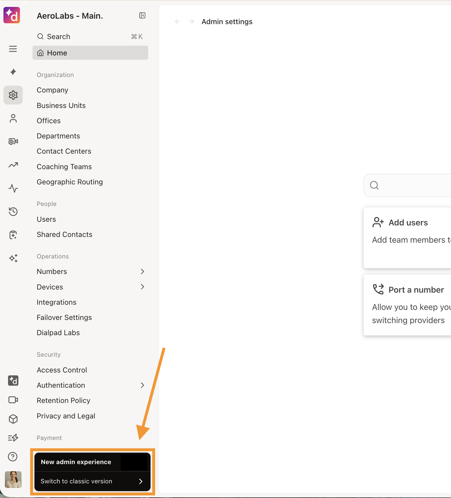 New Admin Experience card showing the Switch to classic version action.