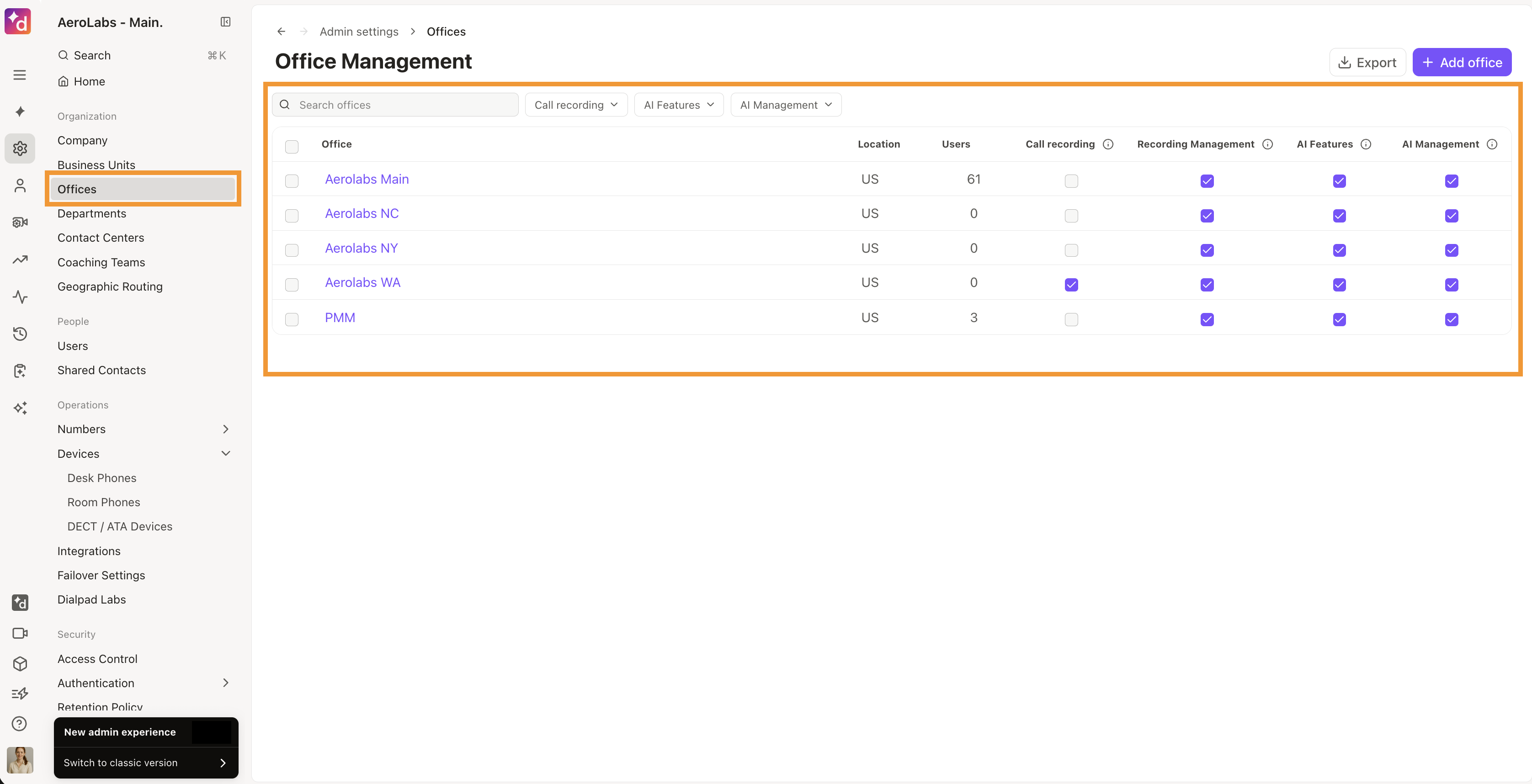 Admin entity list showing search and filter controls with offices displayed in rows.