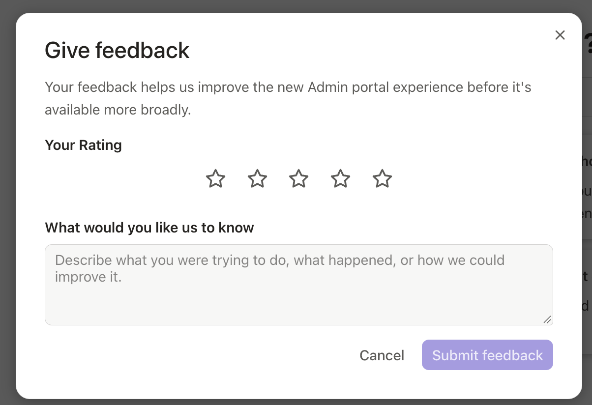 Give feedback dialog showing a required 1–5 rating and an optional comments field.