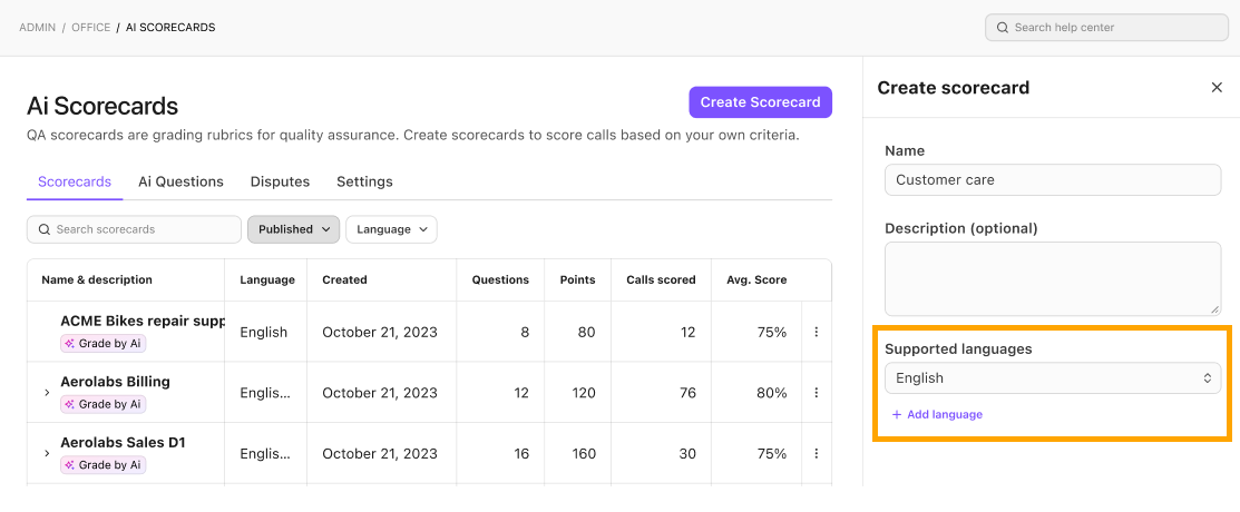 multi-language scorecard