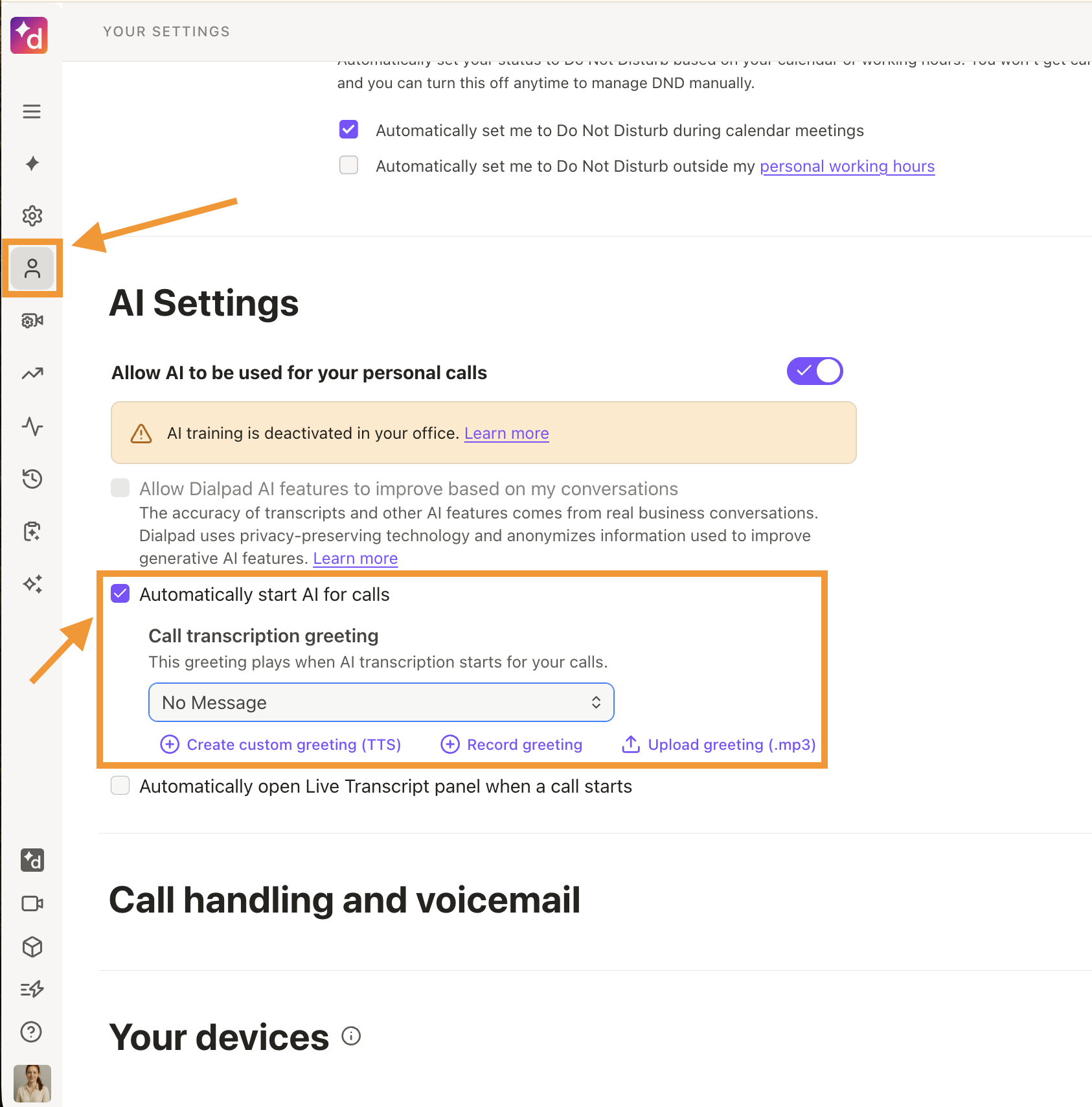 AI Settings page to enable AI call greetings.
