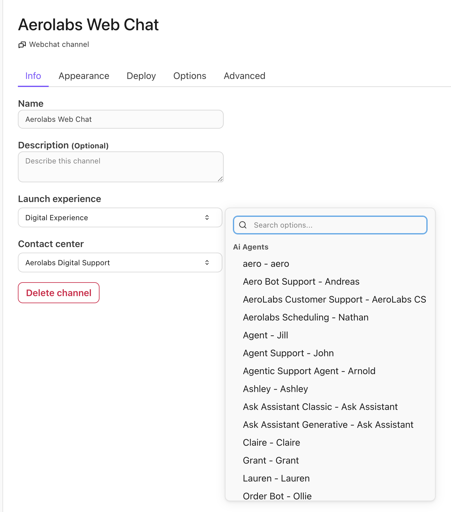 Option to choose the AI agent associated with the digital contact center