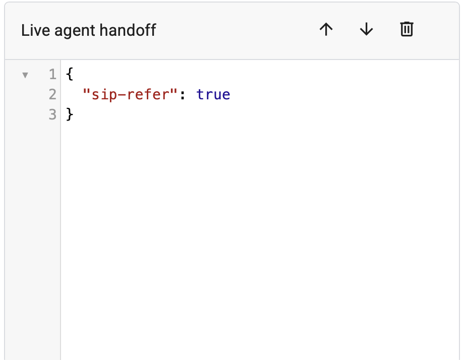 JSON configuration for live agent handoff with sip-refer set to true.
